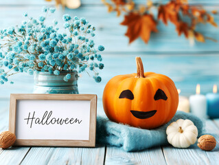Smiling halloween pumpkin with blue flowers, candles, and a frame saying halloween create a cozy autumn atmosphere