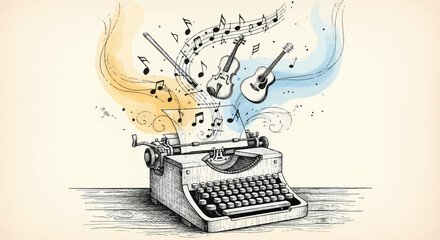 Artistic hand drawn vintage typewriter illustration representing the creative process of songwriting and musical inspiration with floating notes and instruments