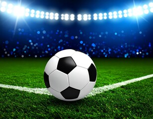 Obraz premium Soccer ball on field under stadium lights