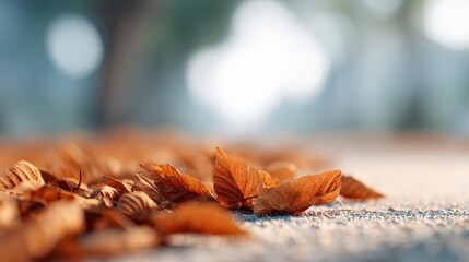 Fallen dry brown autumn leaves carpeting the ground, creating a stunning seasonal scene enriched by a softly blurred background, capturing the essence of nature's transition