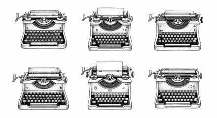 A set of six hand-drawn vintage typewriter illustrations, perfect for any creative project