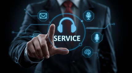 Businessman touching a service icon with headphones and surrounding communication symbols