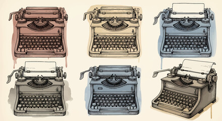 Artistic set of six multi-colored hand drawn vintage typewriter illustrations, showcasing classic retro writing equipment in a sketch style