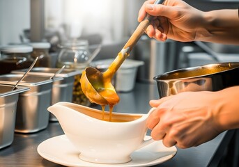 Pouring Savory Gravy Perfection Capturing Culinary Precision and Flavorful Delights in a Professional Restaurant Kitchen