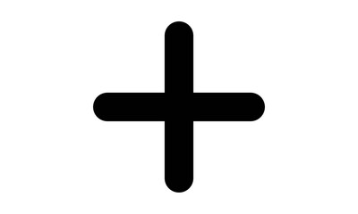 A simple, bold black plus sign with rounded ends on a white background.