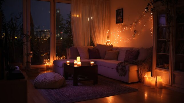 A living room with a couch and a candle