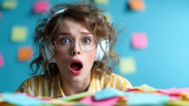 A young woman with curly hair and headphones expresses surprise, surrounded by colorful sticky notes on a blue background, capturing a moment of shock and creativity.