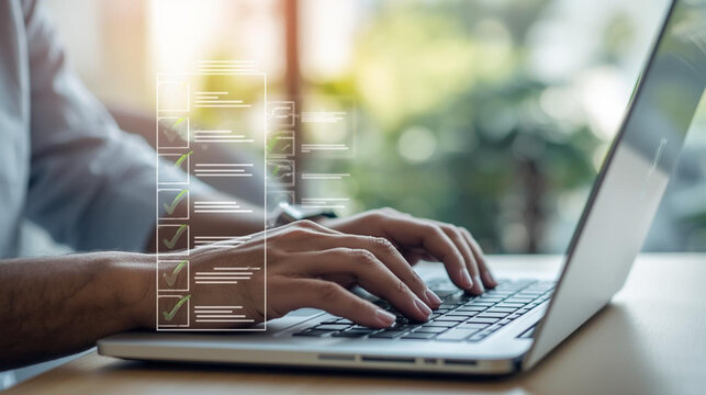Person typing on laptop with digital checklist overlay