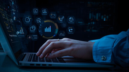 Person s hands typing on a laptop with digital data and icons overlay