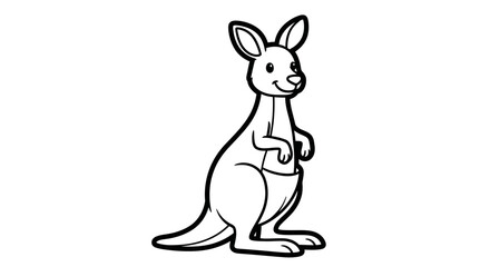 A cartoon kangaroo stands upright, showcasing its pouch and smiling, in a simple black and white illustration.