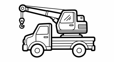 A black and white illustration of a construction truck with a crane.