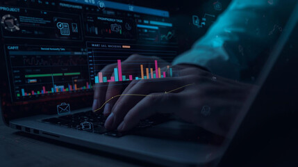 Close up of hands typing on a laptop with glowing digital data visualizations