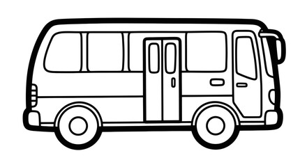 A black and white line drawing of a bus with a side door, windows, and wheels on a white background.