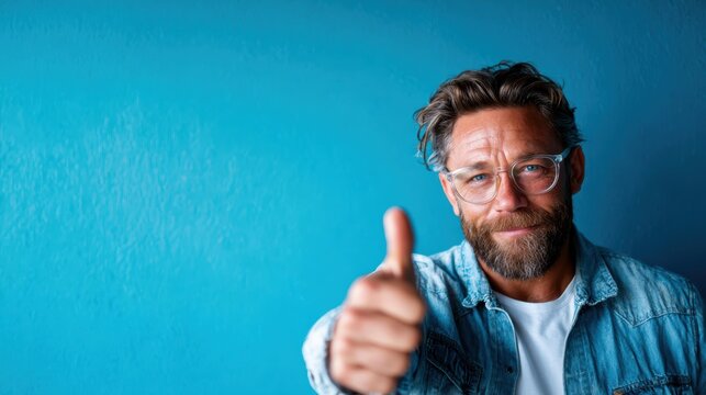 A confident man smiles and gives a thumbs up in a casual setting, embodying positivity and encouragement, making it an ideal representation of affirmation and support.