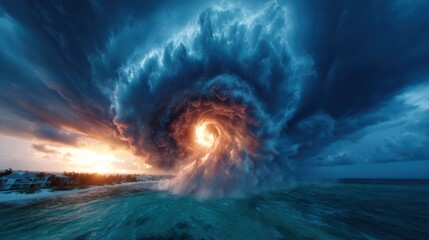 A striking cloud formation spirals above the ocean at sunset, combining vivid colors and dynamic shapes to evoke feelings of wonder and power in nature's beauty.