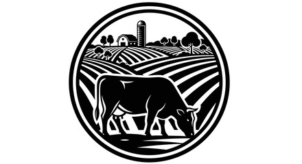 A black and white illustration of a cow grazing in a pastoral farm scene, encircled by a decorative border.