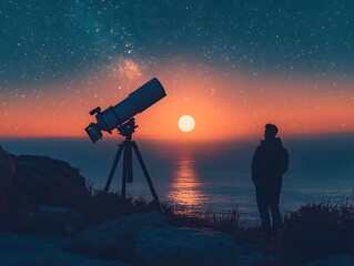 Fototapeta premium A silhouette of a person watches the sunset over the ocean next to a telescope under a star filled sky