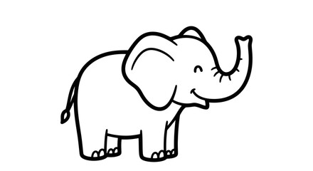 A simple line drawing of a happy elephant with its trunk raised, isolated on a white background.