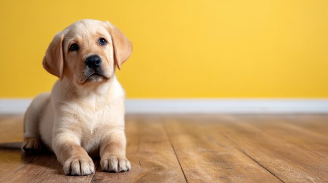This charming yellow Labrador puppy, with its soulful eyes and soft fur, captures the innocence and joy of pet companionship, perfect for animal lovers and pet-themed content.