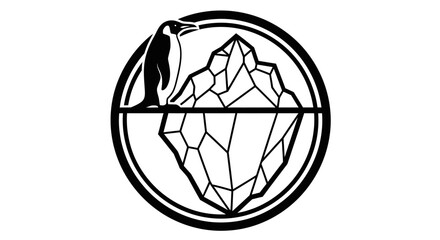 A penguin perched atop a melting iceberg, encircled within a symbolic graphic design.
