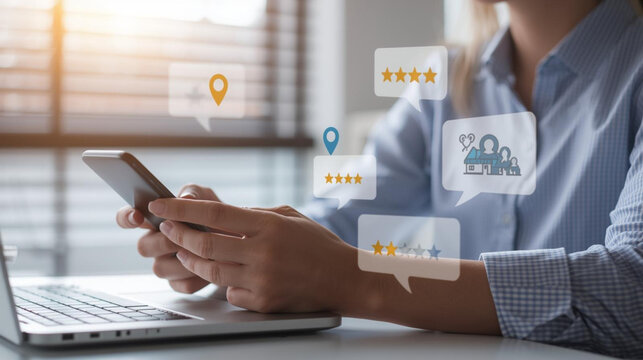 Person using smartphone with social media notifications and location pins overlay