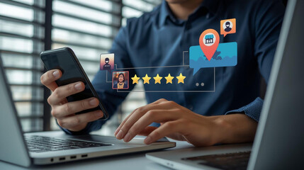 Man using smartphone and laptop with digital review and rating interface