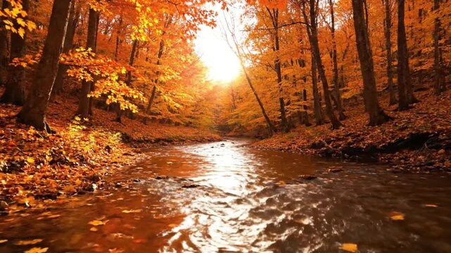 A tranquil autumn forest scene where a winding stream reflects the warm golden sunlight, illuminating the vibrant orange and red fall foliage.
