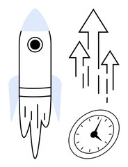 Rocket blasting off with arrows signifying upward momentum and stopwatch representing time. Ideal for success, startup, innovation, progress, efficiency, strategy, scalability. Simple flat metaphor