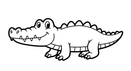 A cheerful cartoon crocodile, outlined in black and white, smiles playfully.