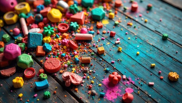 A vibrant, chaotic pile of broken colorful toys, crayons, and paint supplies scattered on a worn wooden surface The image evokes a sense of playful destruction and creative abandon , broken, paint