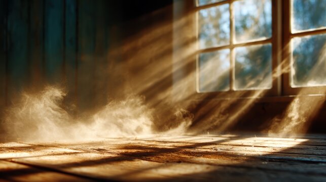 A ray of golden sunlight pours through a dusty room, creating a captivating atmosphere filled with warmth and nostalgia, evoking a sense of peaceful solitude.