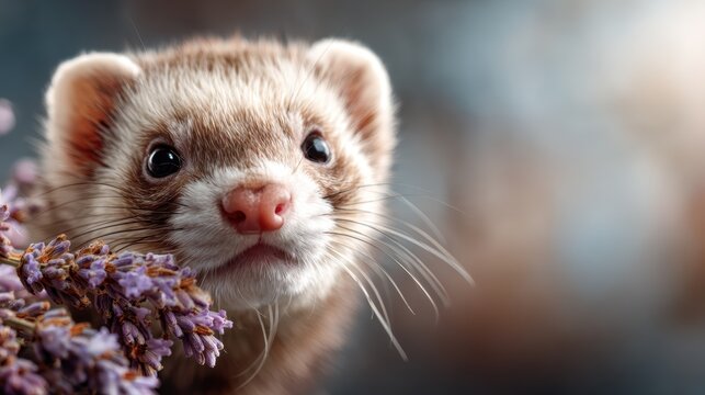 A close-up capture of a curious ferret, showcasing its expressive eyes and soft fur, surrounded by delicate lavender flowers, embodying charm and tranquility in nature.