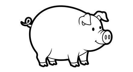 Cute Cartoon Pig Farm Animal Line Art on an Isolated White Background, Domestic Livestock
