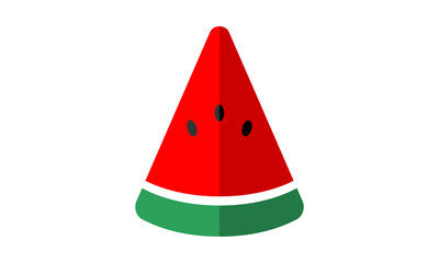A simple, flat design illustration of a triangular watermelon slice with red flesh, green rind, and black seeds on a white background.