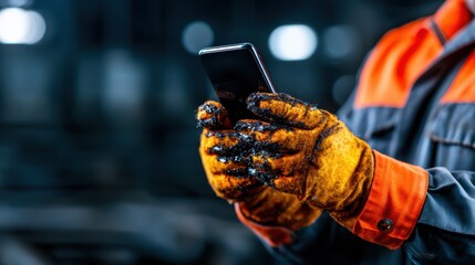 An industrious mechanic wearing gloves stained with grease checks their phone, illustrating the blend of technology and traditional craftsmanship in modern work environments.
