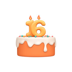 Cartoon 3D Birthday Cake with Candle Number 16.