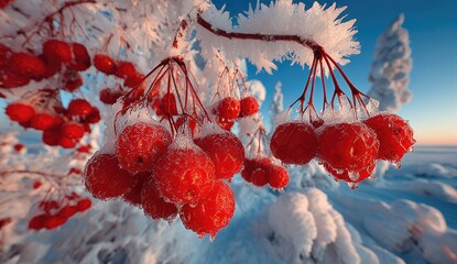 Frozen red berries, frosted branches, winter wonderland