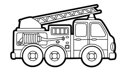 Line art illustration of a fire engine truck with a ladder, hose, and multiple wheels.