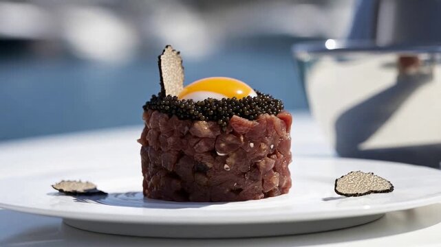 Gourmet Steak Tartare Presentation with Caviar, Egg Yolk, and Truffle Shavings.