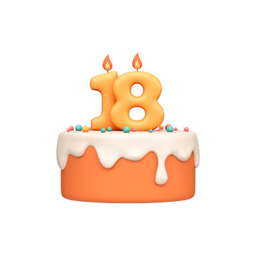 Cartoon 3D Birthday Cake with Candle Number 18.