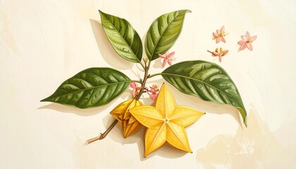 A detailed botanical picture of the starfruit plant, with thin leaves, small pink flowers, and yellow-green fruits, one sliced to reveal its star-shaped cross section
