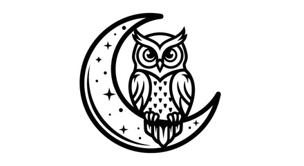 A stylized owl perched on a crescent moon, outlined in black.