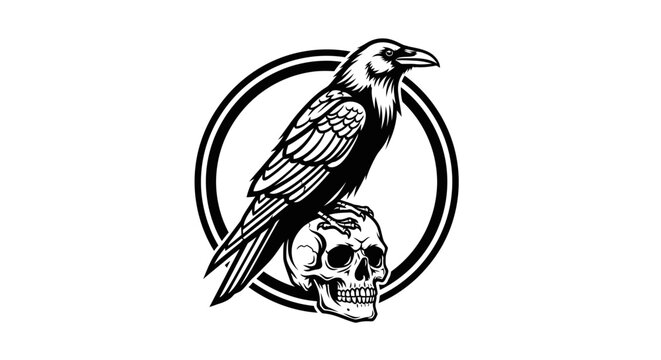 Raven perched on a skull, encircled by a decorative ring, in a graphic design style.