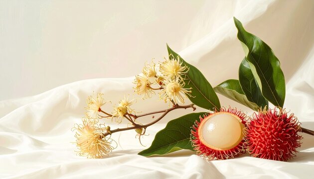 A detailed botanical picture of the lychee tree branch, with glossy leaves, pale yellow flower clusters, and ripe red textured fruits, one peeled to reveal translucent white flesh with a dark seed