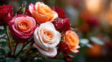 Fototapeta premium A vibrant bouquet of roses, adorned with glistening droplets of water, symbolizing beauty and freshness, making the floral arrangement a stunning visual delight for nature lovers.