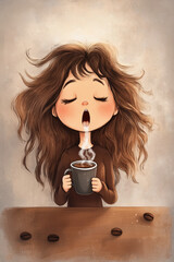 Illustration of a tired young woman holding a cup of coffee
