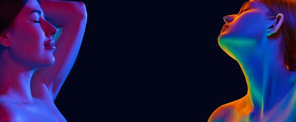 Collage. Vibrant neon-lit profiles of women, exploring futuristic beauty against black studio...