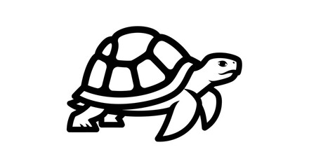 A stylized black and white illustration of a tortoise walking.