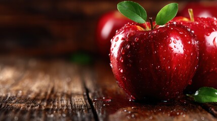 A captivating close-up of fresh red apples glistening with water droplets on a rustic wooden table, highlighting their freshness and natural beauty.