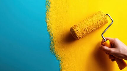 A hand holding a paint roller applies bright yellow paint next to azure blue, creating a vibrant and visually exciting contrast that exemplifies creativity and transformation.